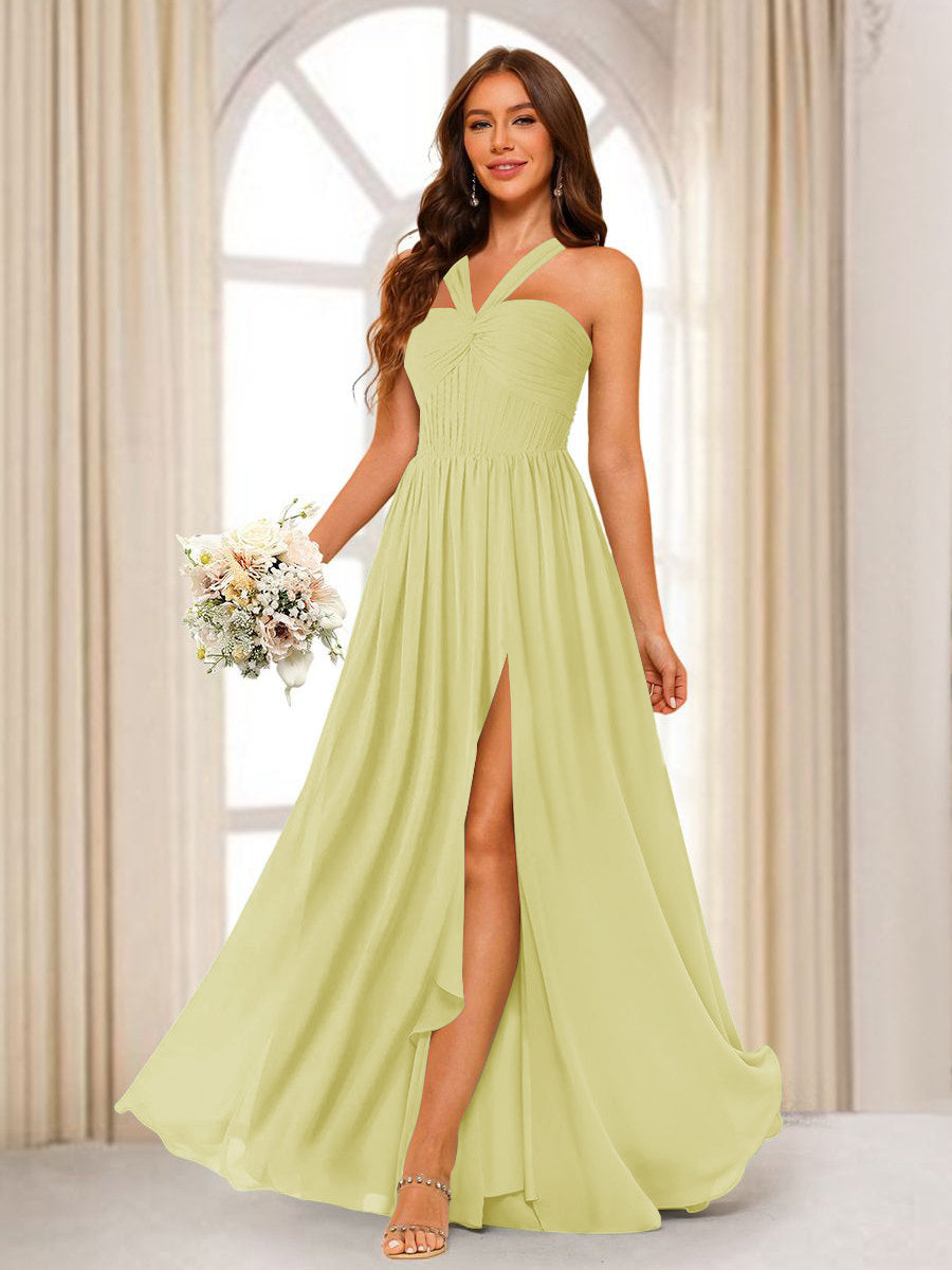 A-Line/Princess Halter Long Bridesmaid Dresses with Split Side Canary
