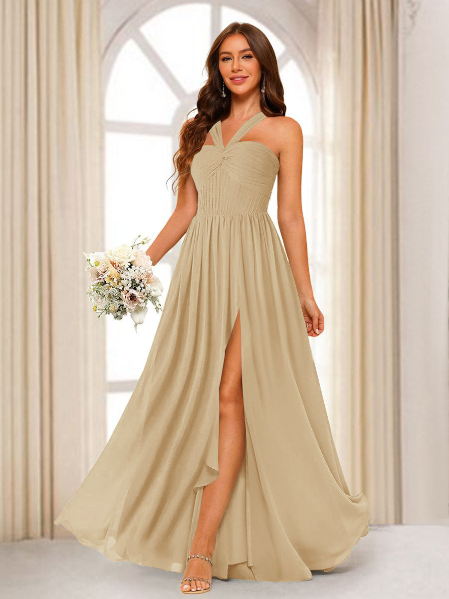 A-Line/Princess Halter Long Bridesmaid Dresses with Split Side Champagne