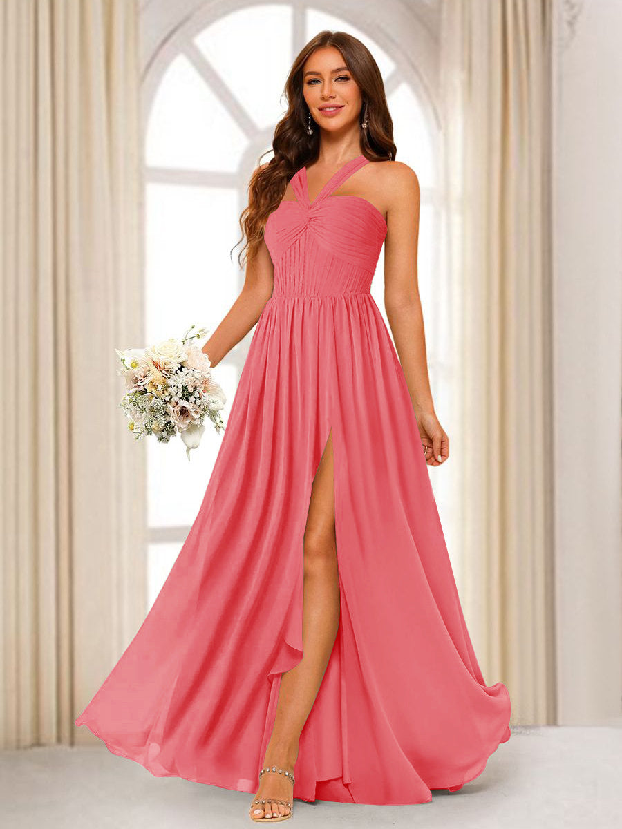 A-Line/Princess Halter Long Bridesmaid Dresses with Split Side Coral