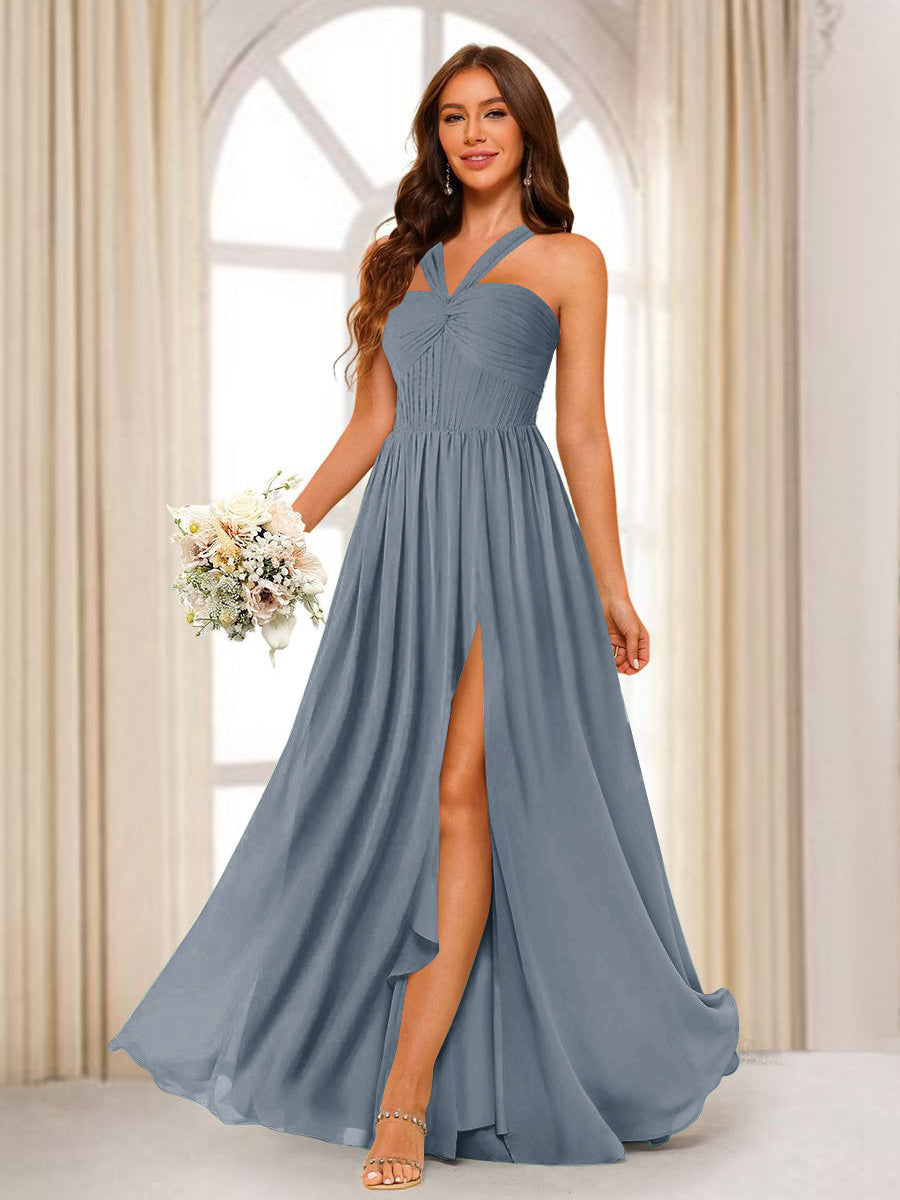 A-Line/Princess Halter Long Bridesmaid Dresses with Split Side Dusty Blue
