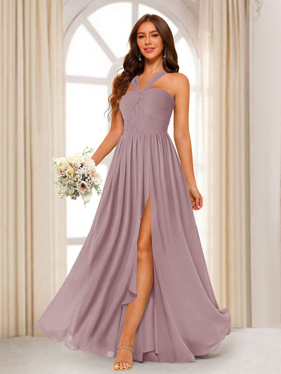 A-Line/Princess Halter Long Bridesmaid Dresses with Split Side Dusty Pink