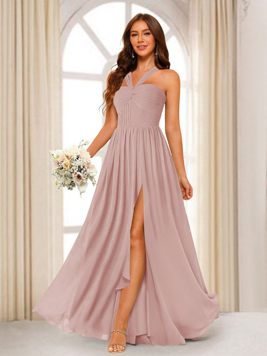 A-Line/Princess Halter Long Bridesmaid Dresses with Split Side Dusty Rose