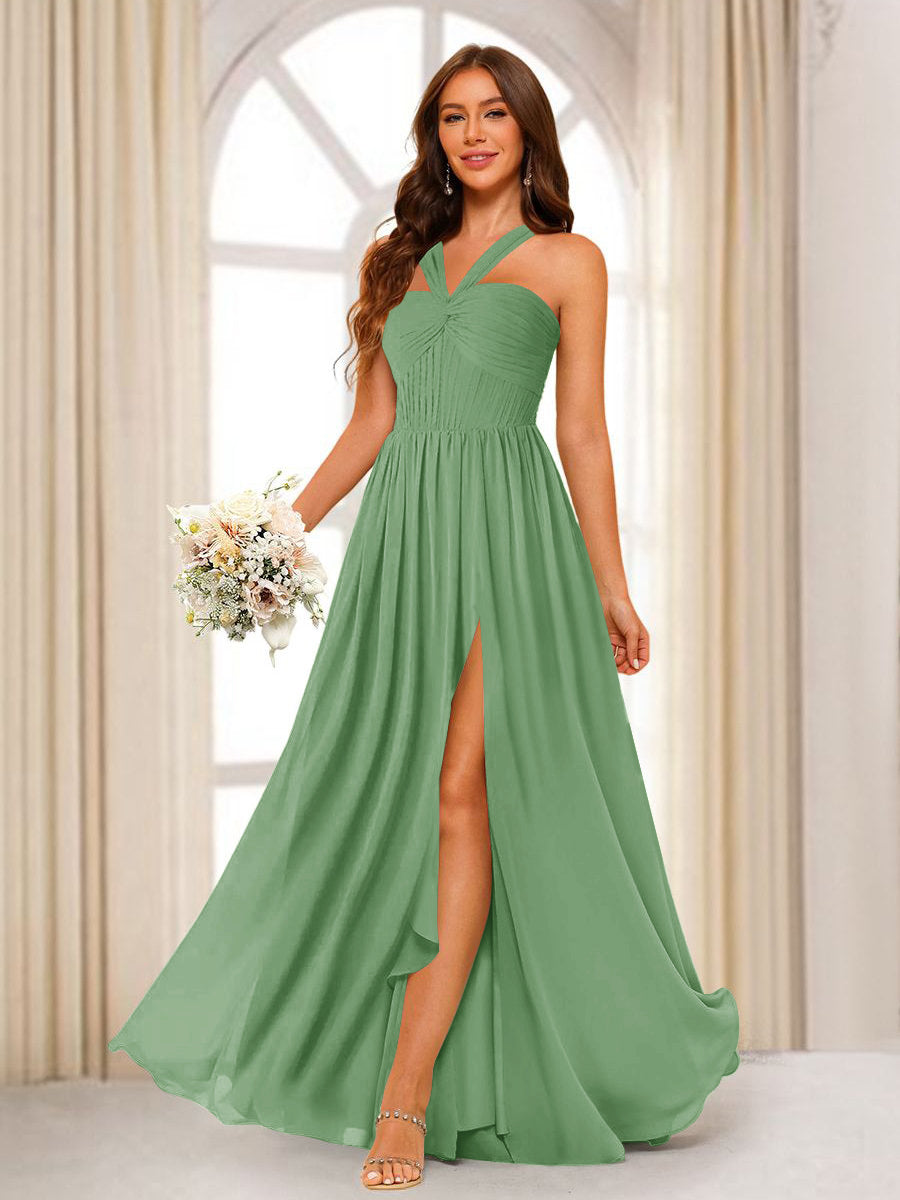 A-Line/Princess Halter Long Bridesmaid Dresses with Split Side Dusty Sage