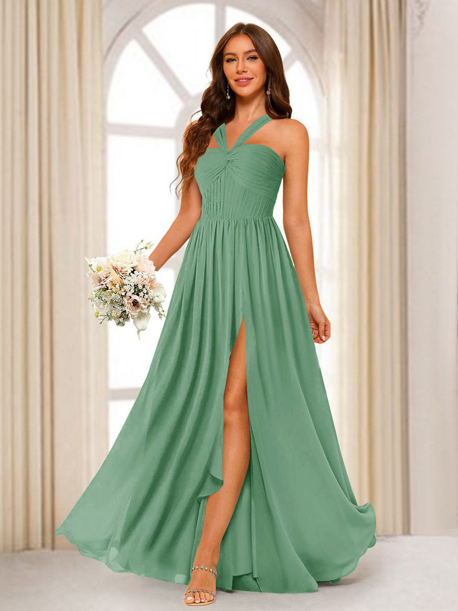A-Line/Princess Halter Long Bridesmaid Dresses with Split Side Eucalyptus