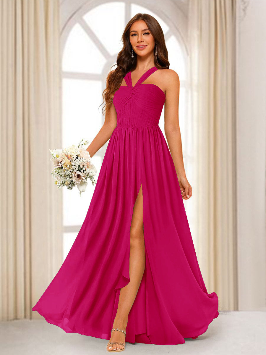 A-Line/Princess Halter Long Bridesmaid Dresses with Split Side Fuchsia