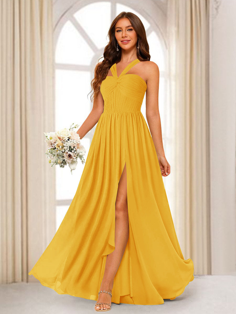 A-Line/Princess Halter Long Bridesmaid Dresses with Split Side Gold