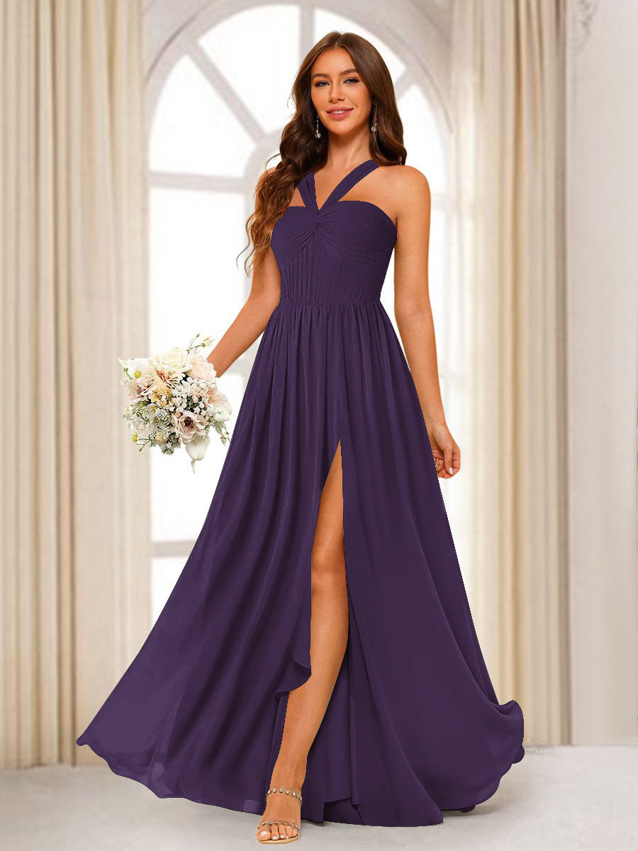 A-Line/Princess Halter Long Bridesmaid Dresses with Split Side Grape