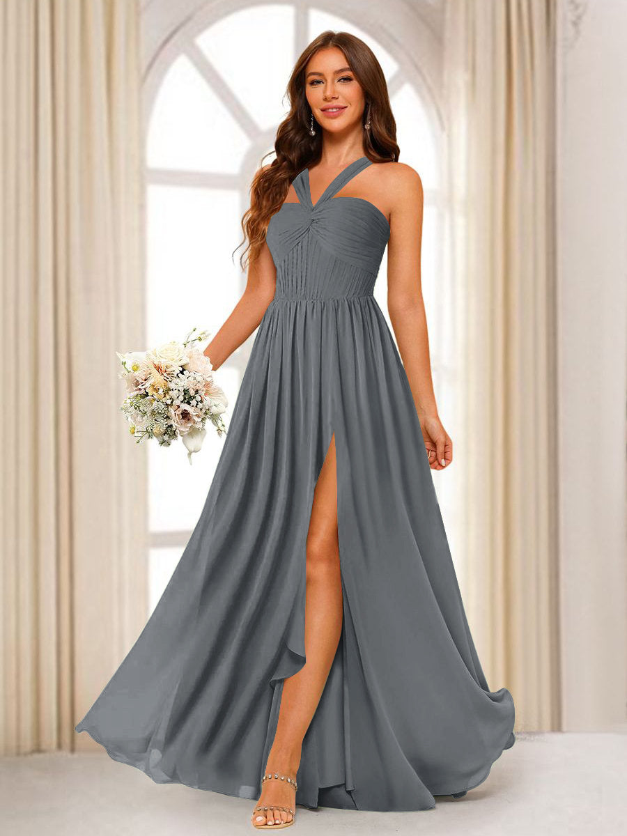 A-Line/Princess Halter Long Bridesmaid Dresses with Split Side Gray