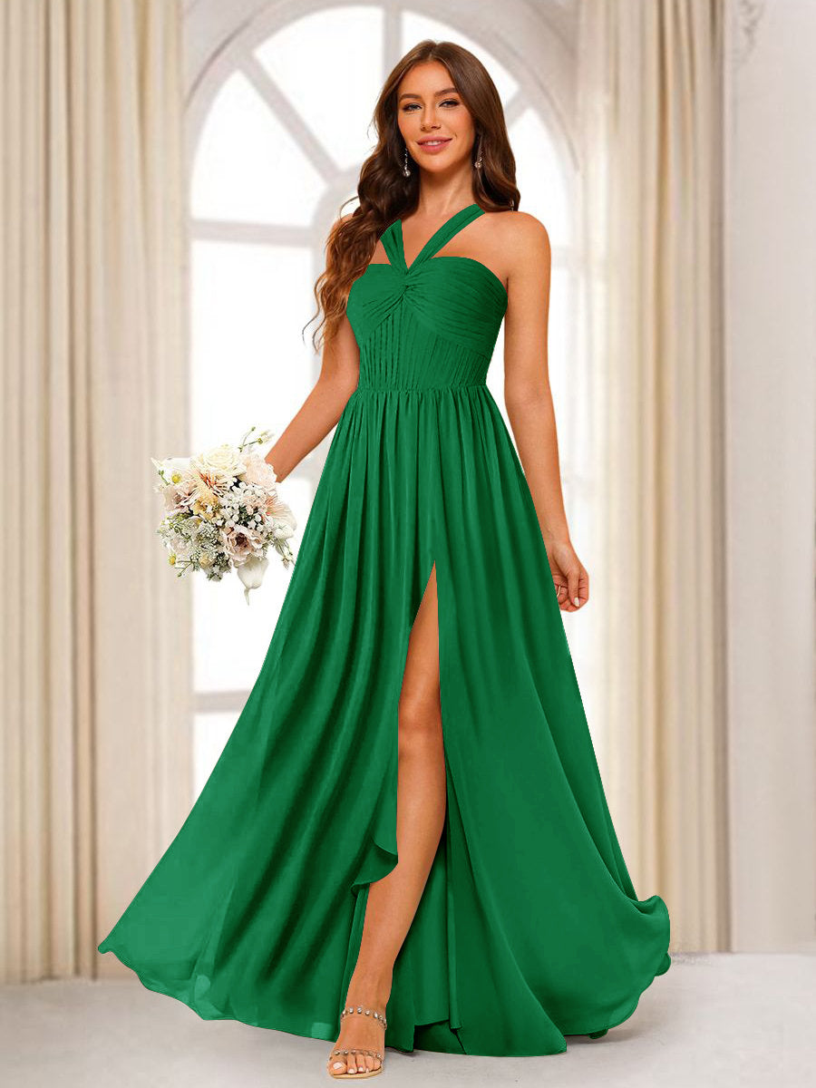A-Line/Princess Halter Long Bridesmaid Dresses with Split Side Green