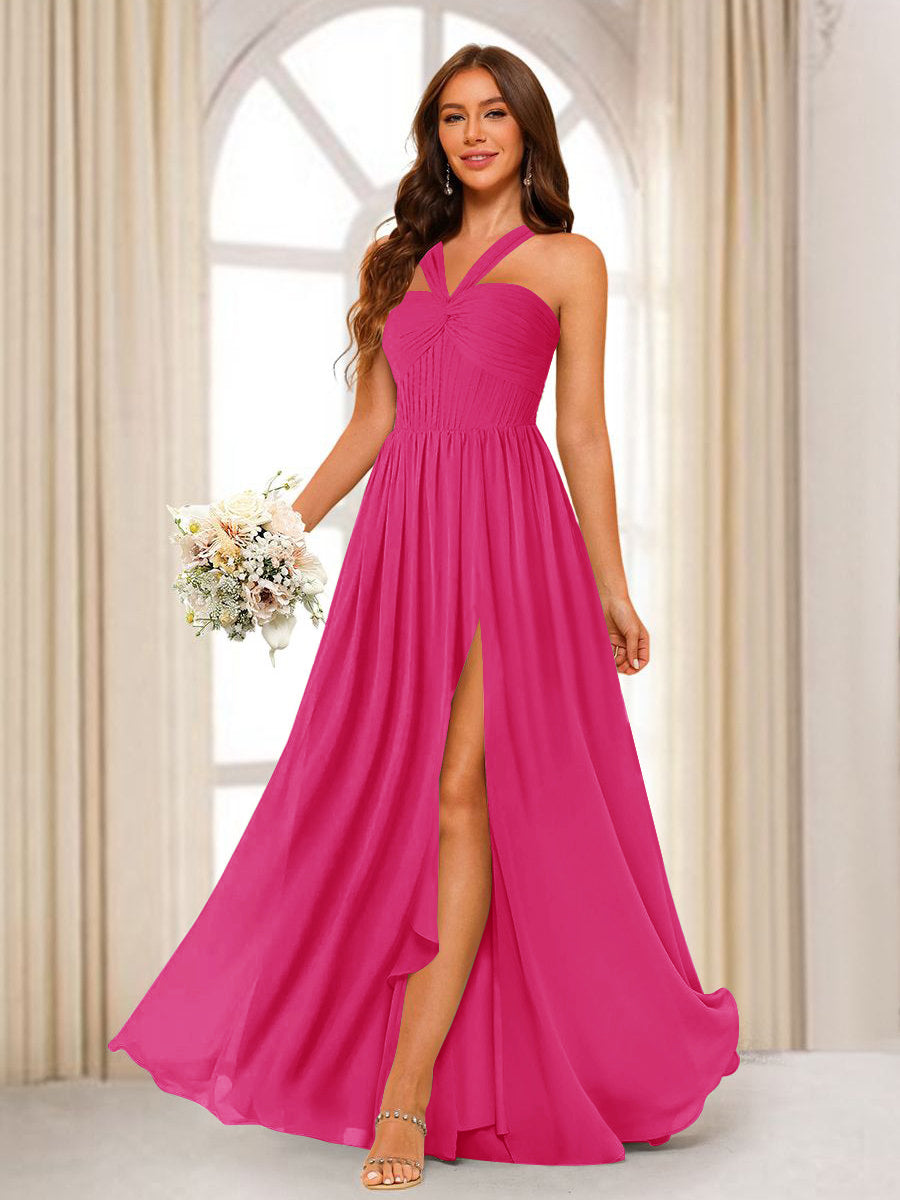 A-Line/Princess Halter Long Bridesmaid Dresses with Split Side Hot Pink