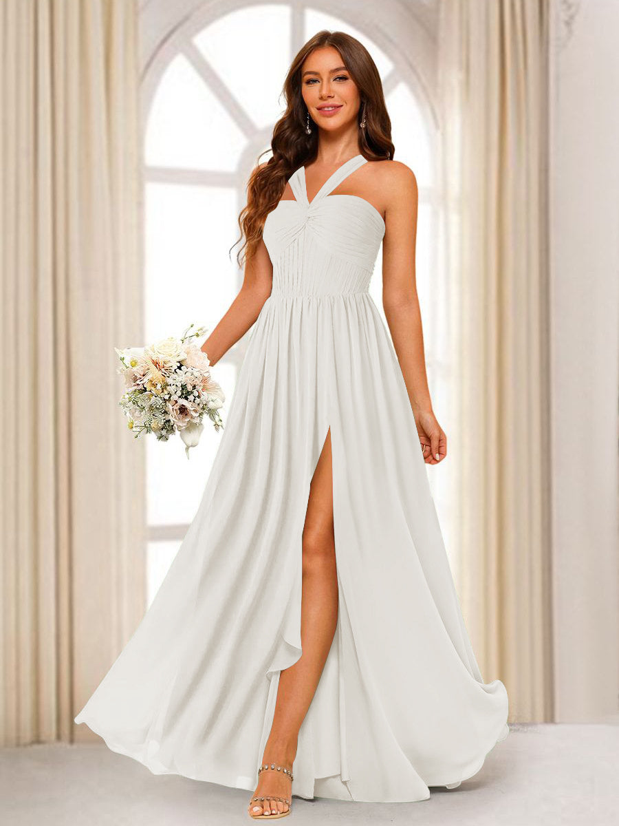 A-Line/Princess Halter Long Bridesmaid Dresses with Split Side Ivory