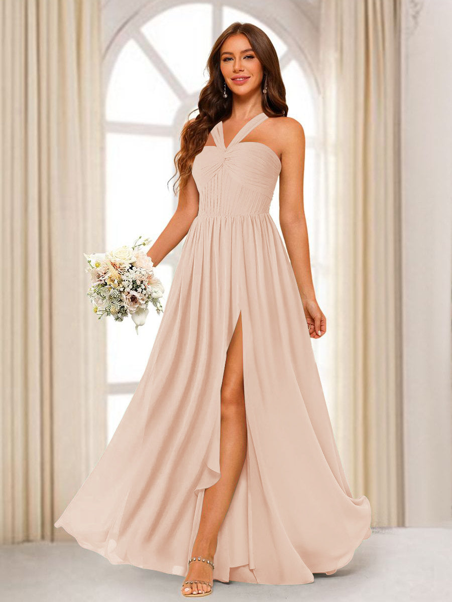 A-Line/Princess Halter Long Bridesmaid Dresses with Split Side Light Champagne