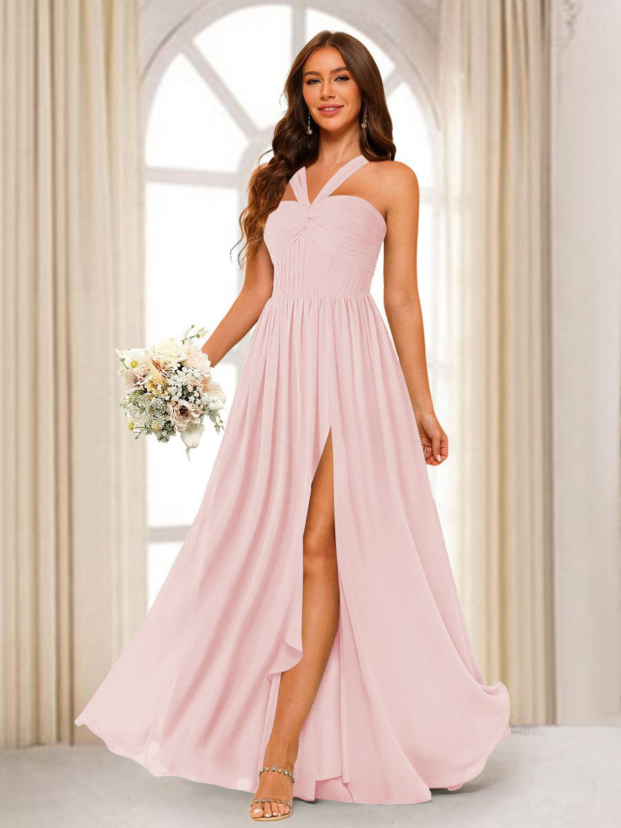 A-Line/Princess Halter Long Bridesmaid Dresses with Split Side Light Pink