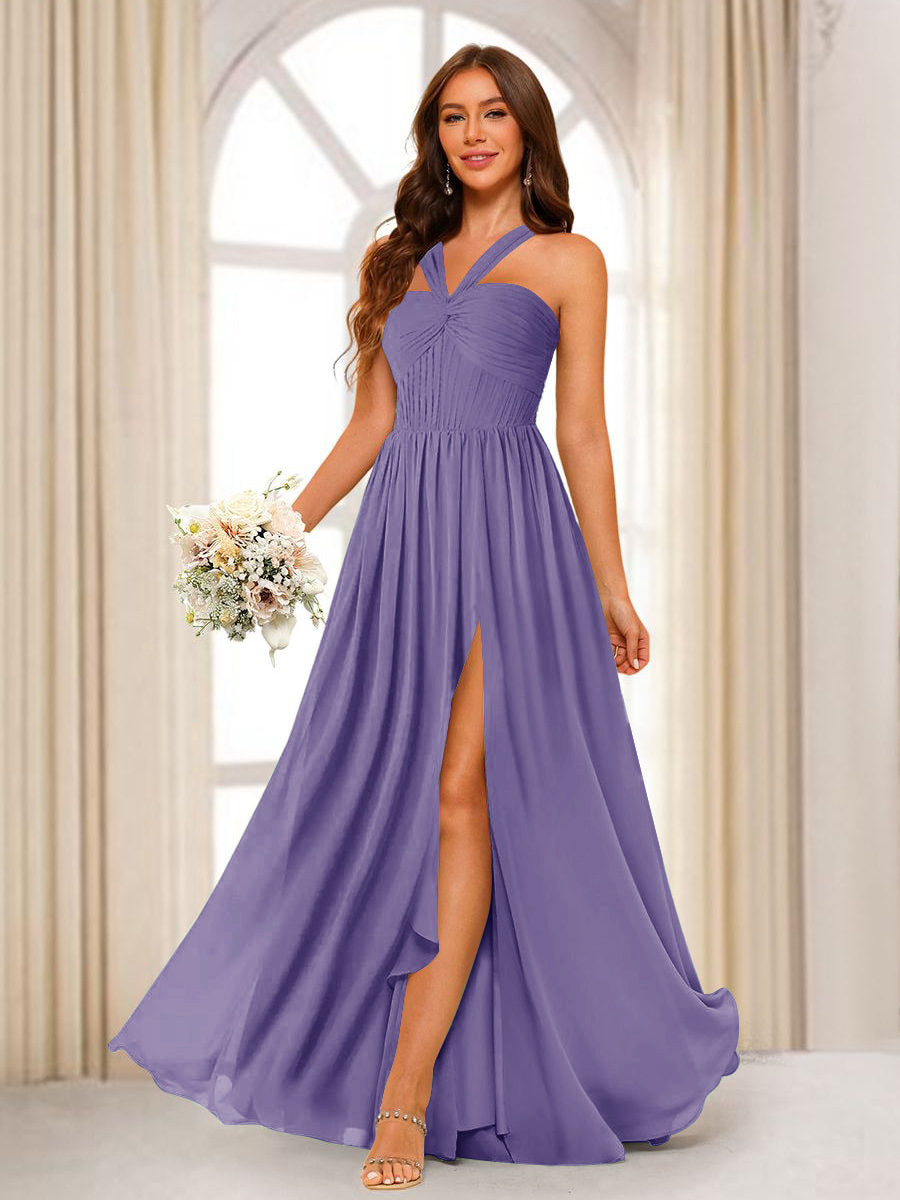 A-Line/Princess Halter Long Bridesmaid Dresses with Split Side Light Purple