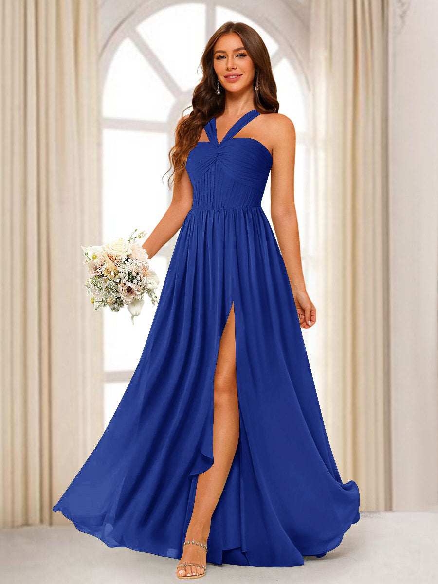 A-Line/Princess Halter Long Bridesmaid Dresses with Split Side Light Royal Blue