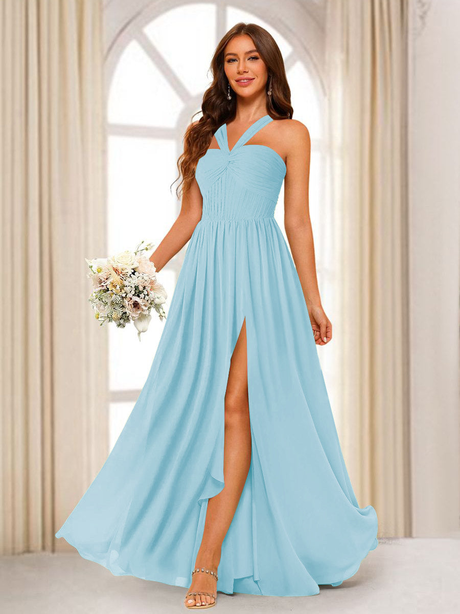 A-Line/Princess Halter Long Bridesmaid Dresses with Split Side Light Sky Blue
