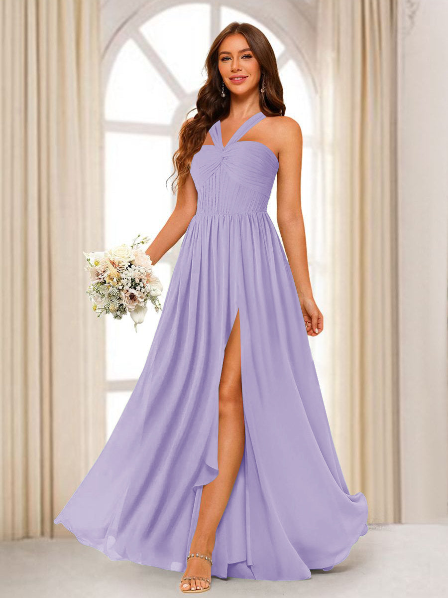 A-Line/Princess Halter Long Bridesmaid Dresses with Split Side Lilac