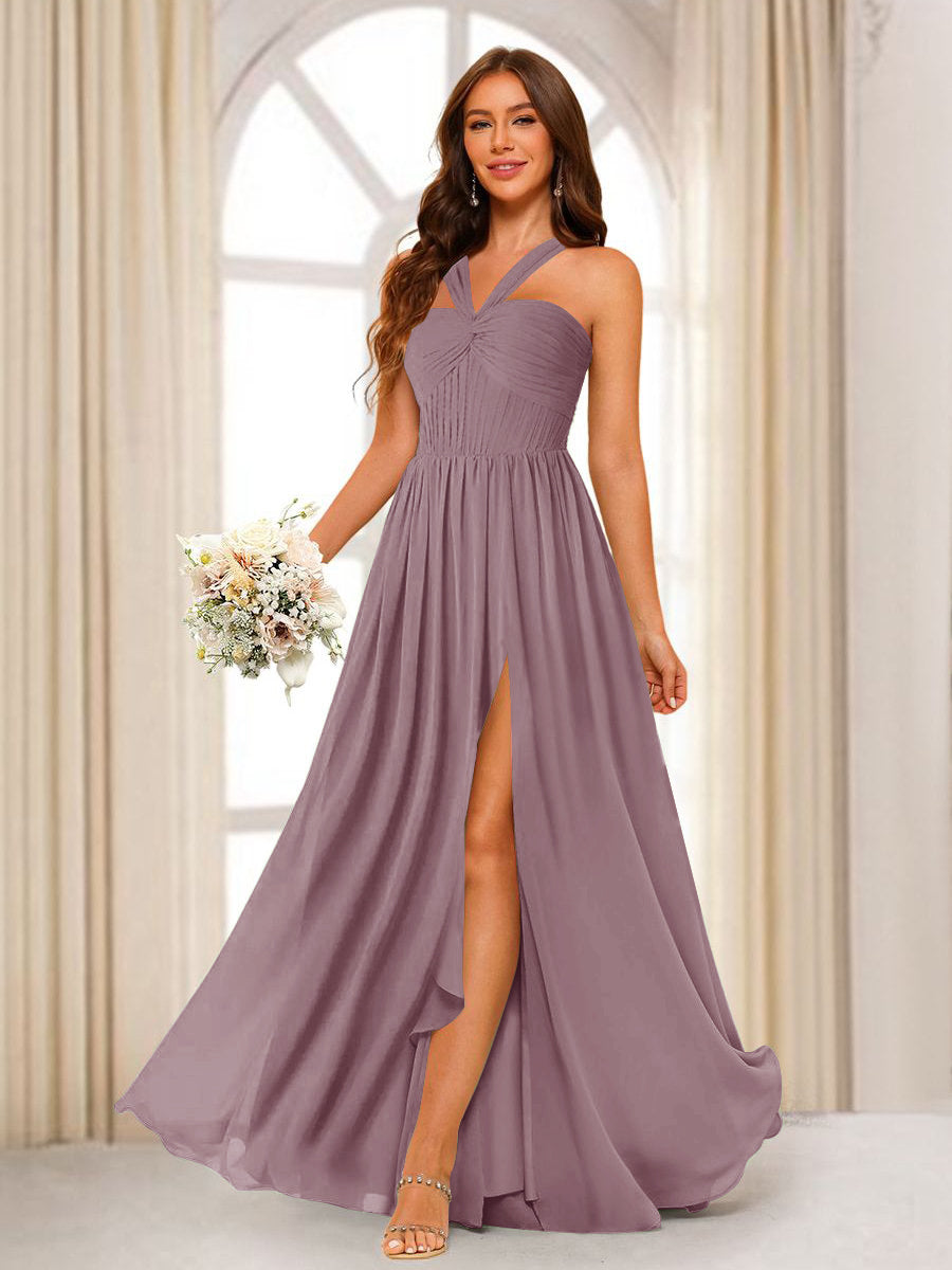 A-Line/Princess Halter Long Bridesmaid Dresses with Split Side Mauve