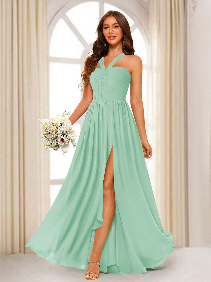 A-Line/Princess Halter Long Bridesmaid Dresses with Split Side Mint Green