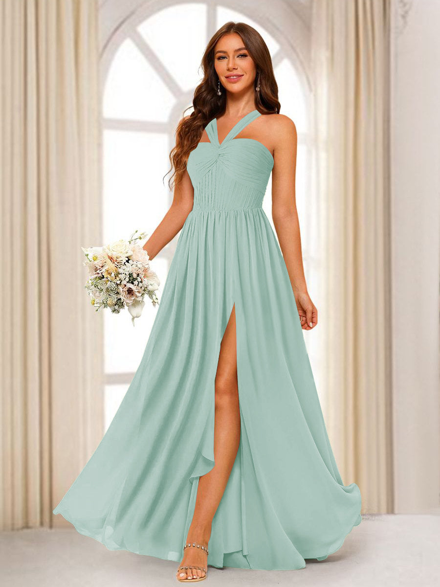 A-Line/Princess Halter Long Bridesmaid Dresses with Split Side Mist Blue