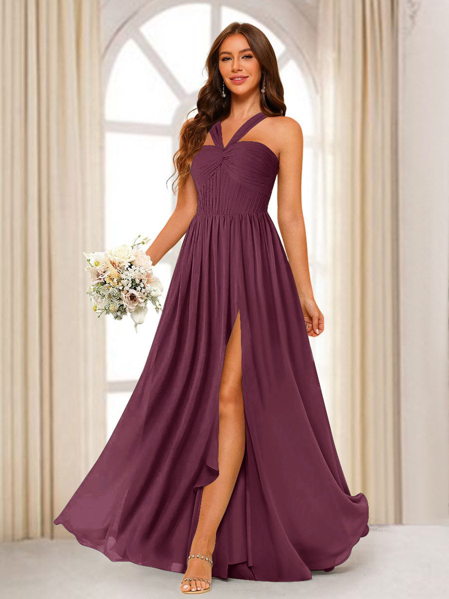 A-Line/Princess Halter Long Bridesmaid Dresses with Split Side Mulberry