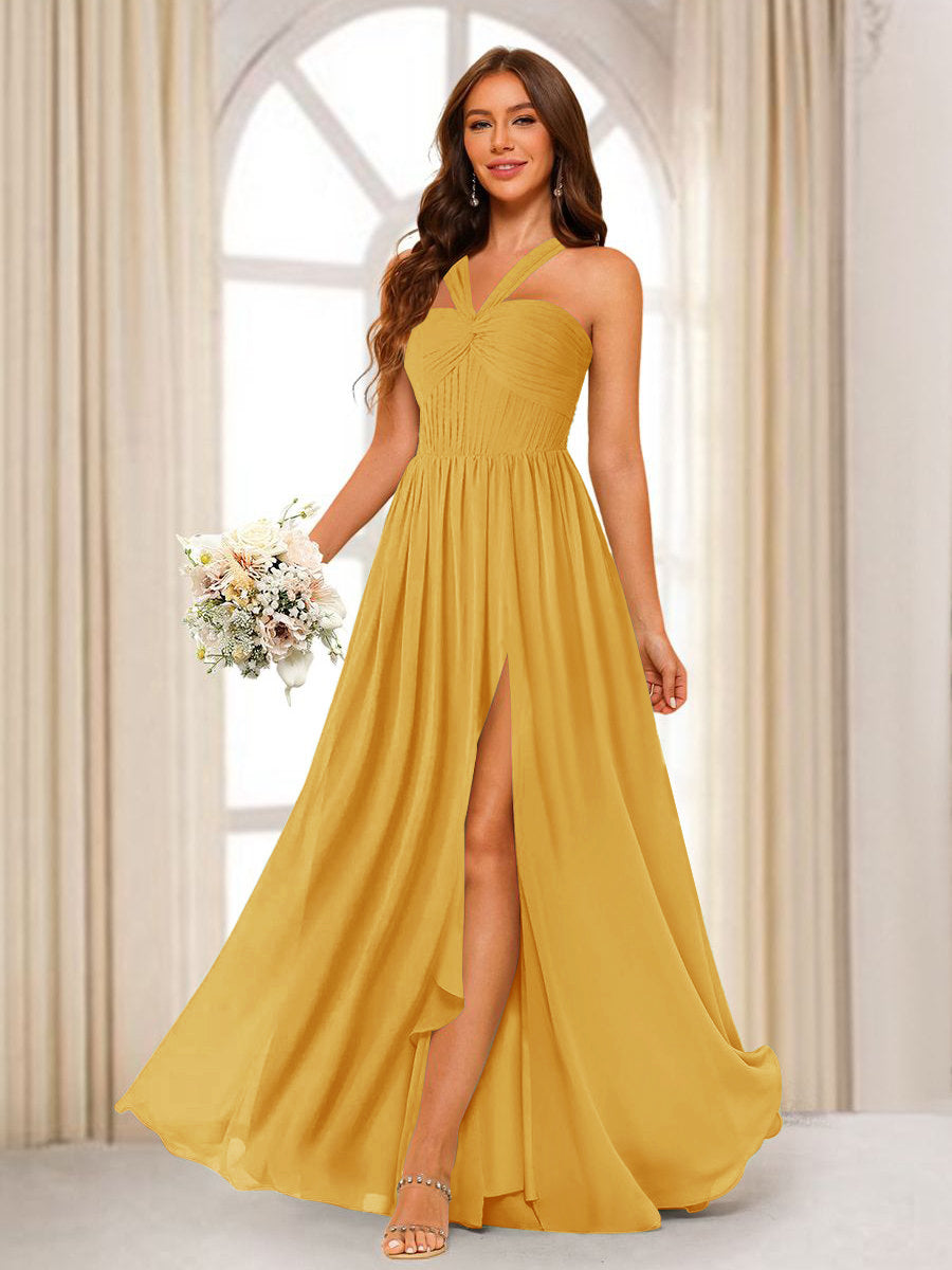 A-Line/Princess Halter Long Bridesmaid Dresses with Split Side Mustard Yellow
