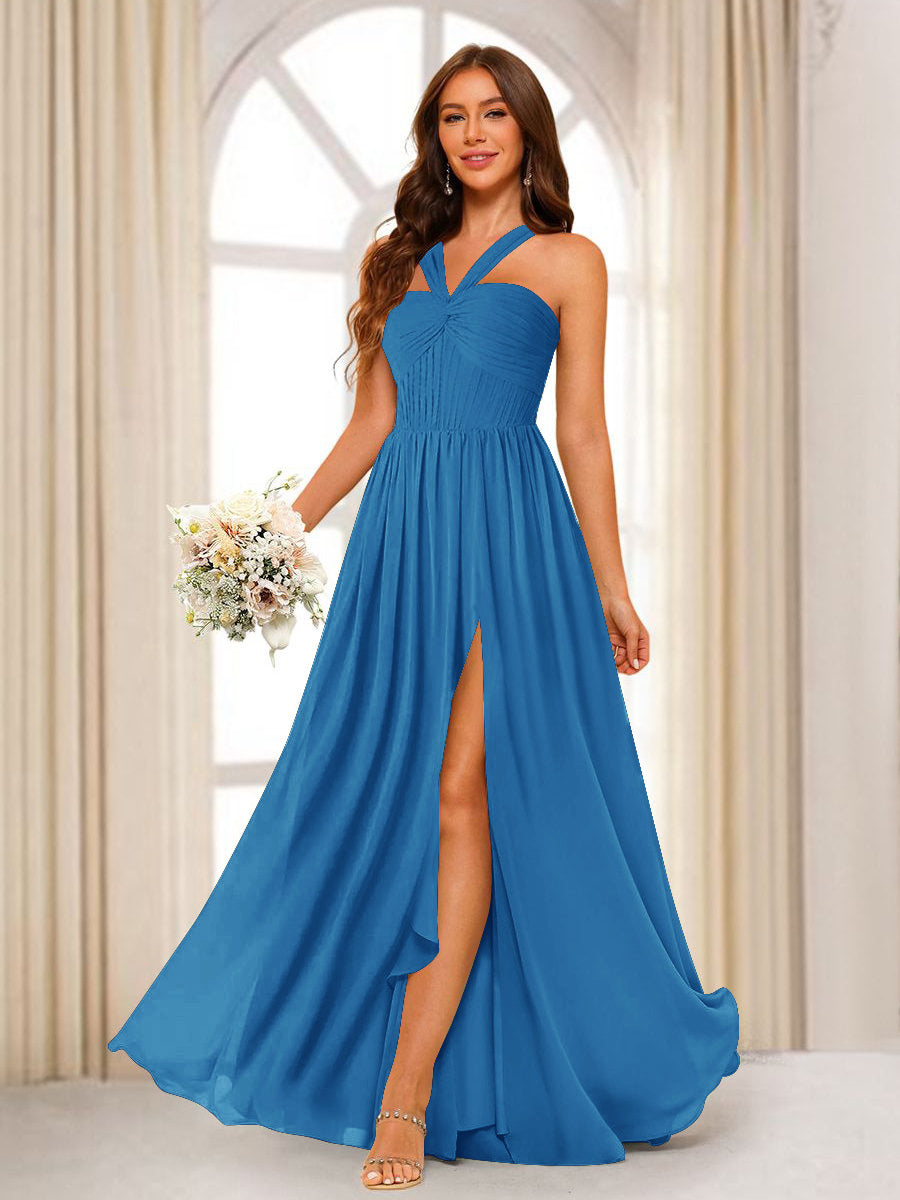 A-Line/Princess Halter Long Bridesmaid Dresses with Split Side Ocean Blue