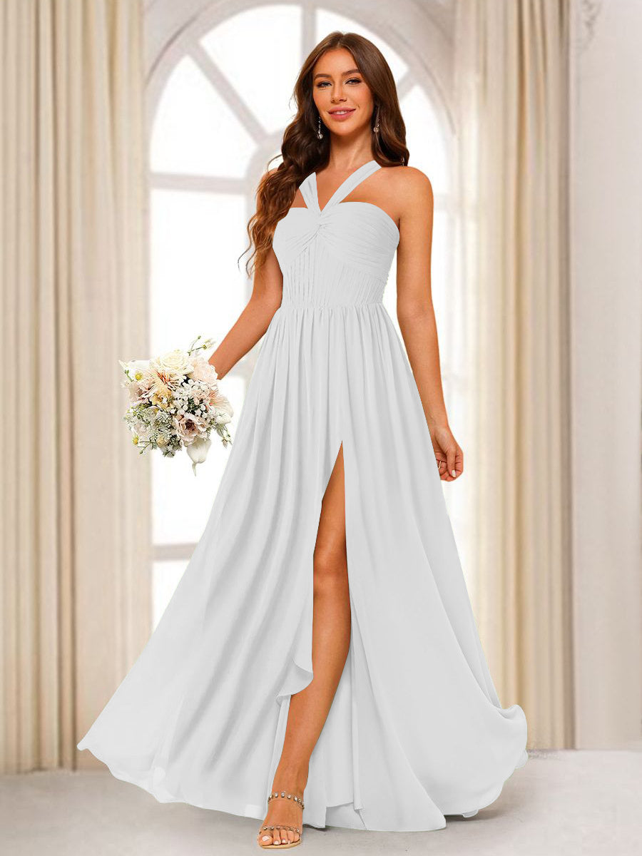 A-Line/Princess Halter Long Bridesmaid Dresses with Split Side Off White