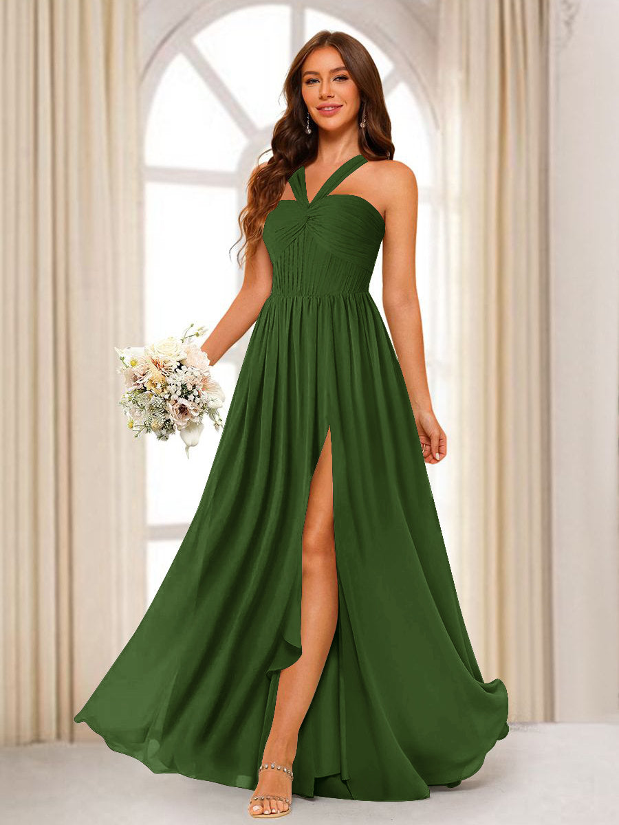 A-Line/Princess Halter Long Bridesmaid Dresses with Split Side Olive Green