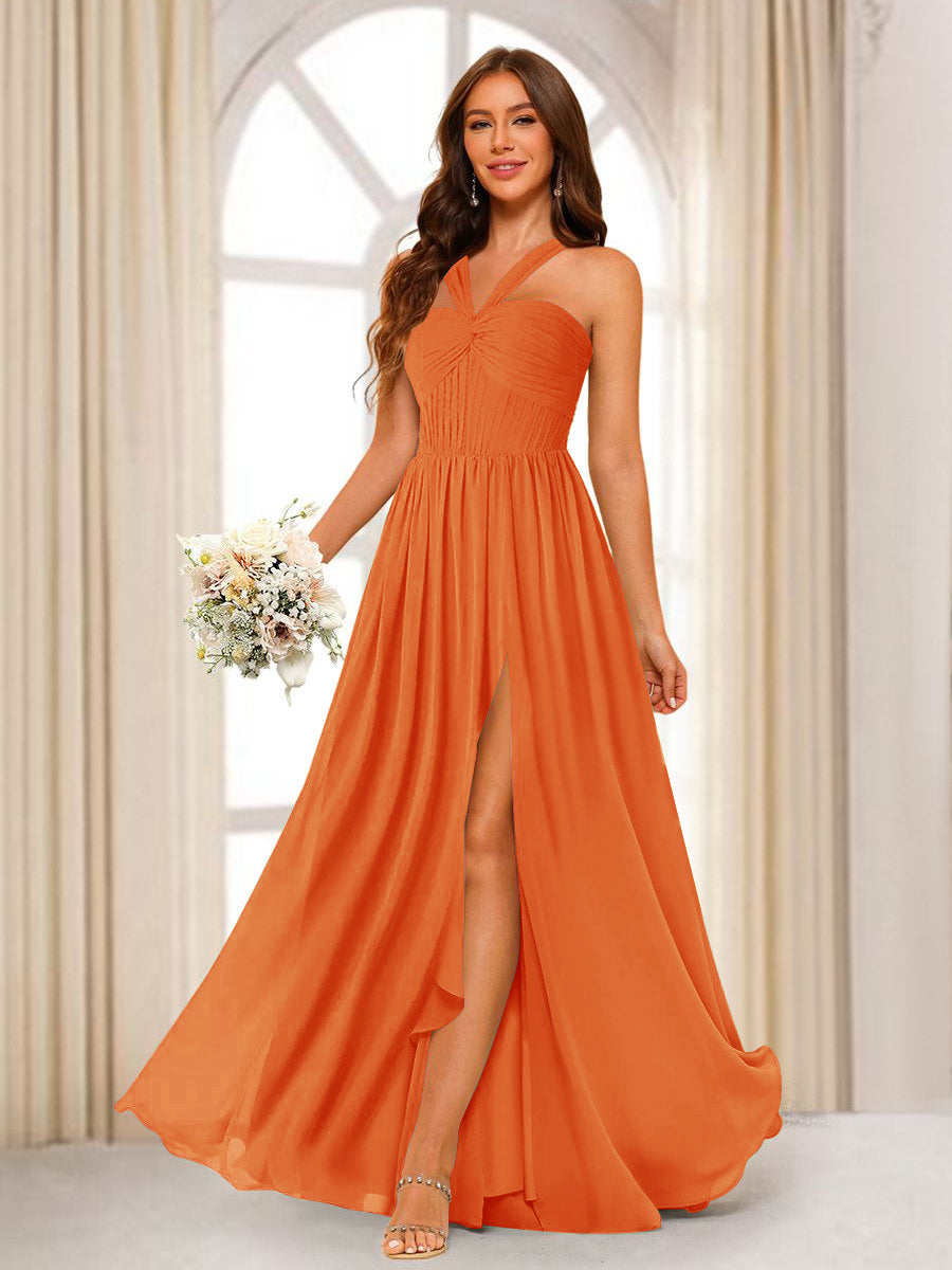A-Line/Princess Halter Long Bridesmaid Dresses with Split Side Orange