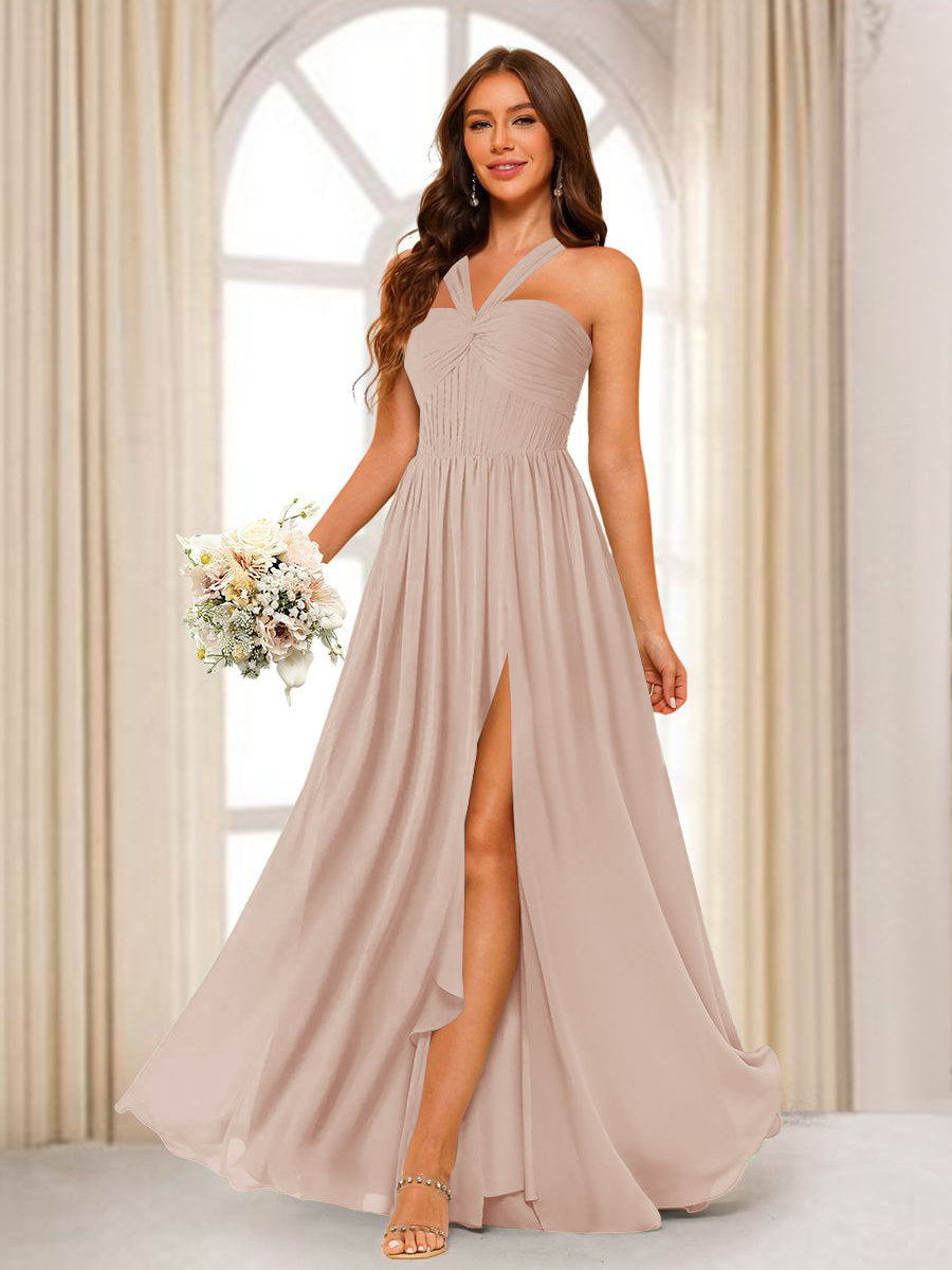 A-Line/Princess Halter Long Bridesmaid Dresses with Split Side Peach Pink