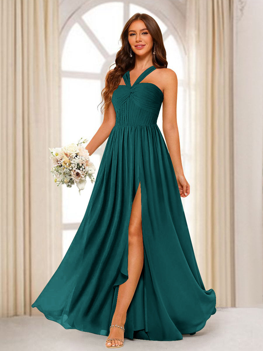 A-Line/Princess Halter Long Bridesmaid Dresses with Split Side Peacock