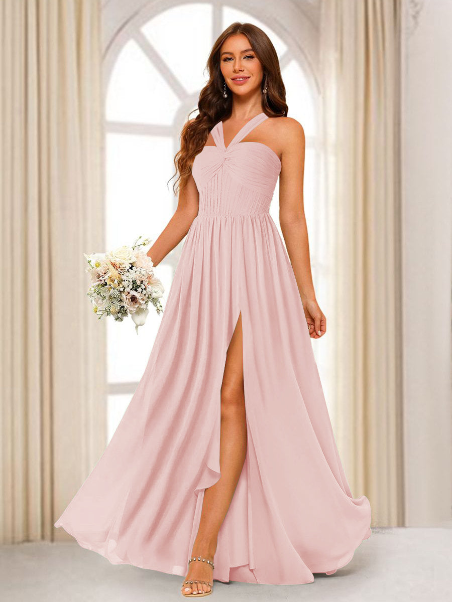 A-Line/Princess Halter Long Bridesmaid Dresses with Split Side Pearl Pink