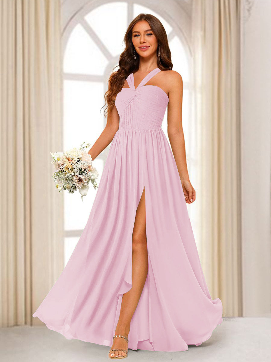 A-Line/Princess Halter Long Bridesmaid Dresses with Split Side Pink