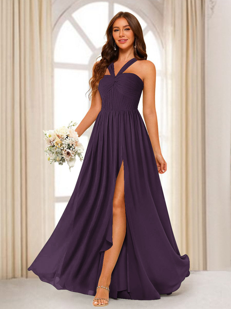A-Line/Princess Halter Long Bridesmaid Dresses with Split Side Plum