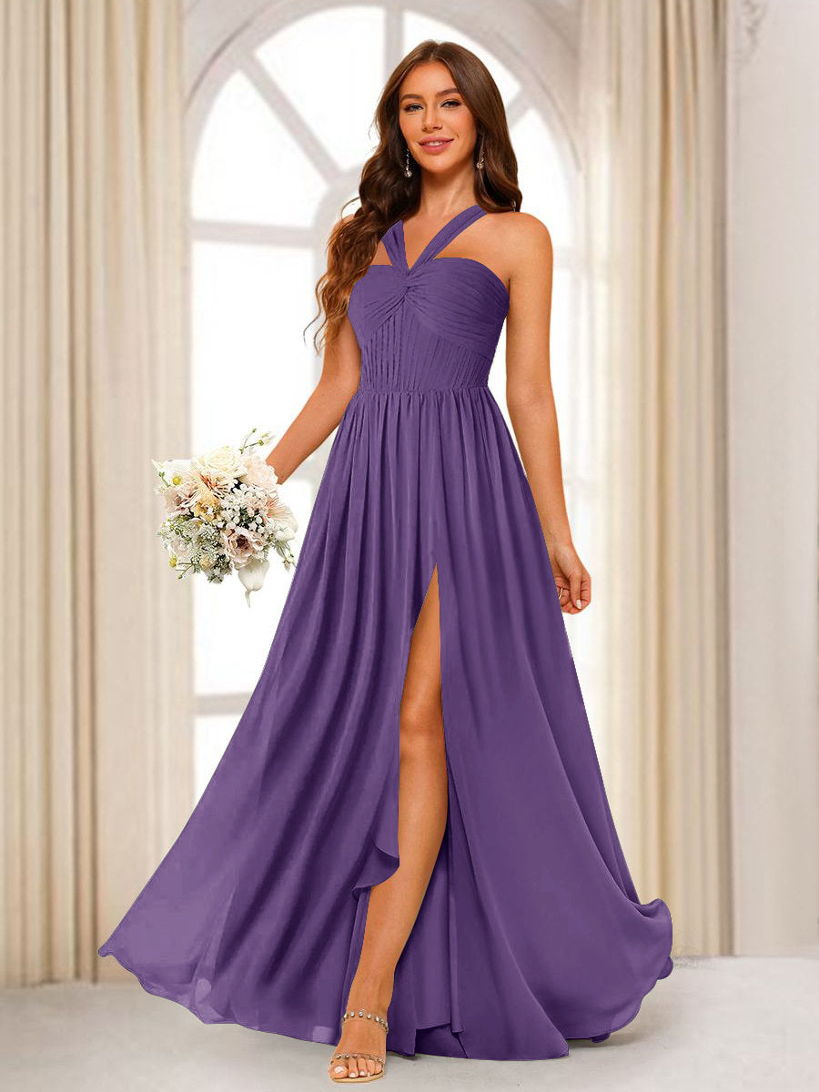 A-Line/Princess Halter Long Bridesmaid Dresses with Split Side Purple