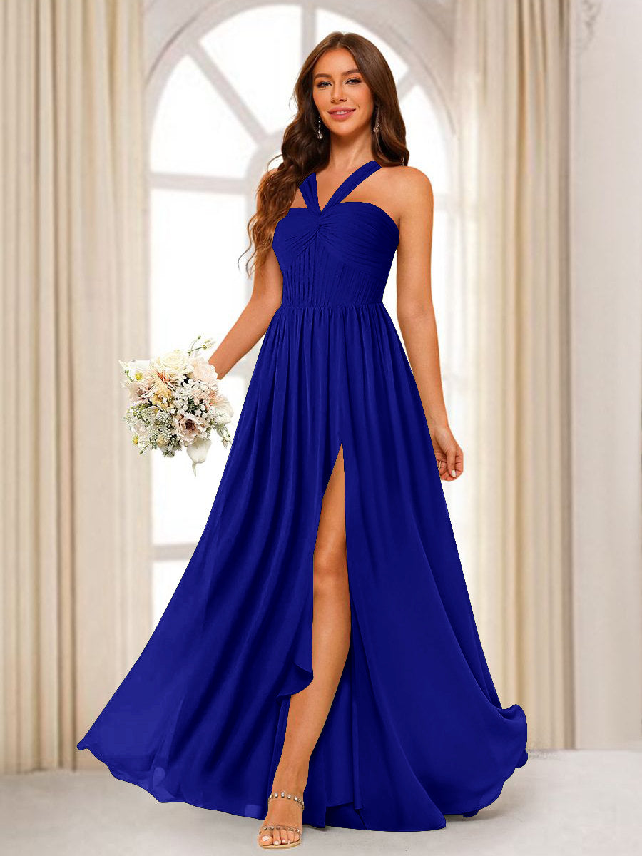 A-Line/Princess Halter Long Bridesmaid Dresses with Split Side Royal Blue