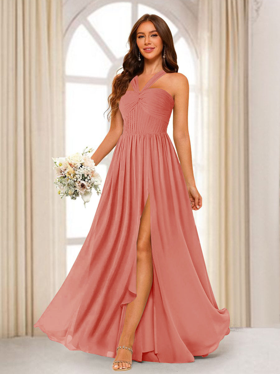 A-Line/Princess Halter Long Bridesmaid Dresses with Split Side Salmon