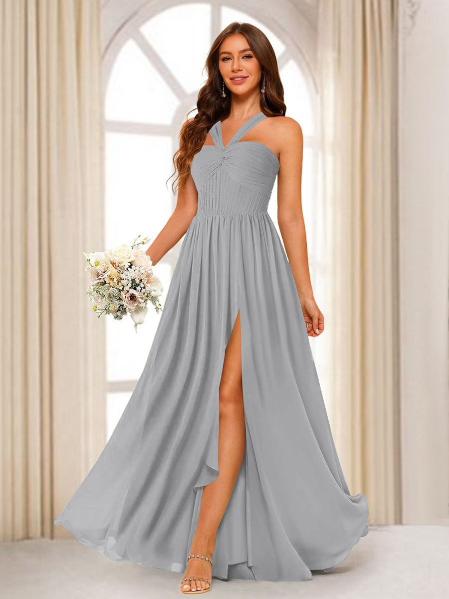 A-Line/Princess Halter Long Bridesmaid Dresses with Split Side Silver