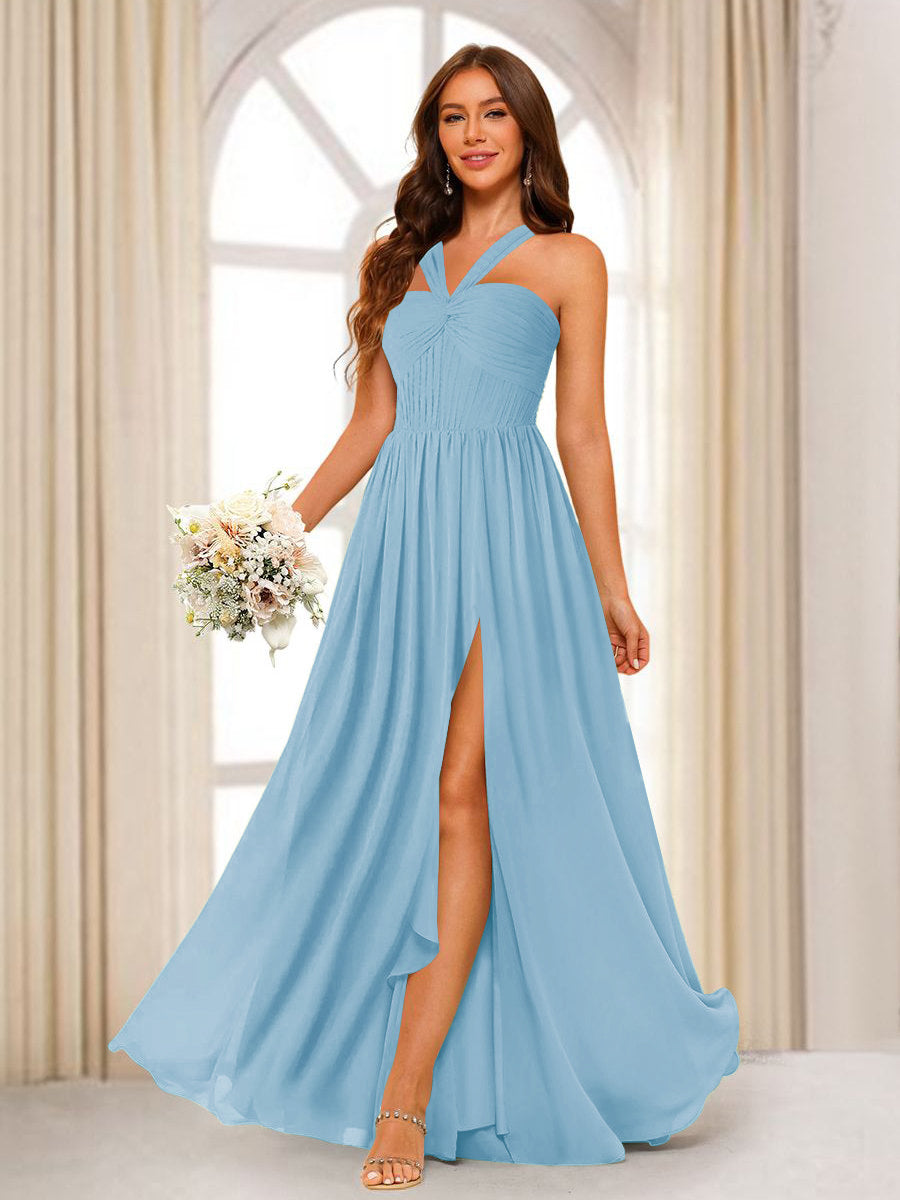 A-Line/Princess Halter Long Bridesmaid Dresses with Split Side Sky Blue