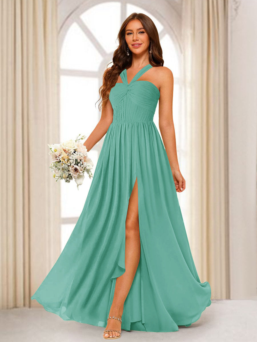 A-Line/Princess Halter Long Bridesmaid Dresses with Split Side Spa