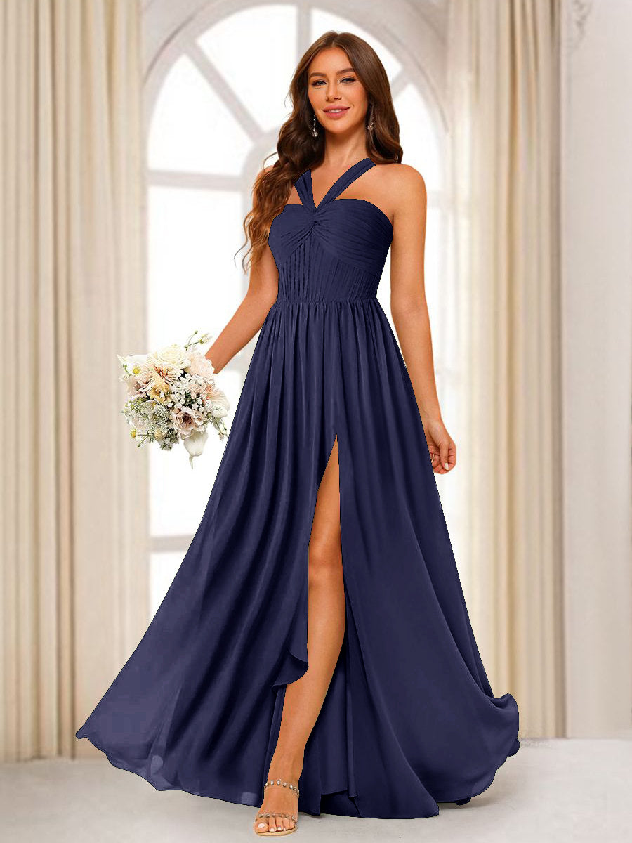 A-Line/Princess Halter Long Bridesmaid Dresses with Split Side Stormy Blue