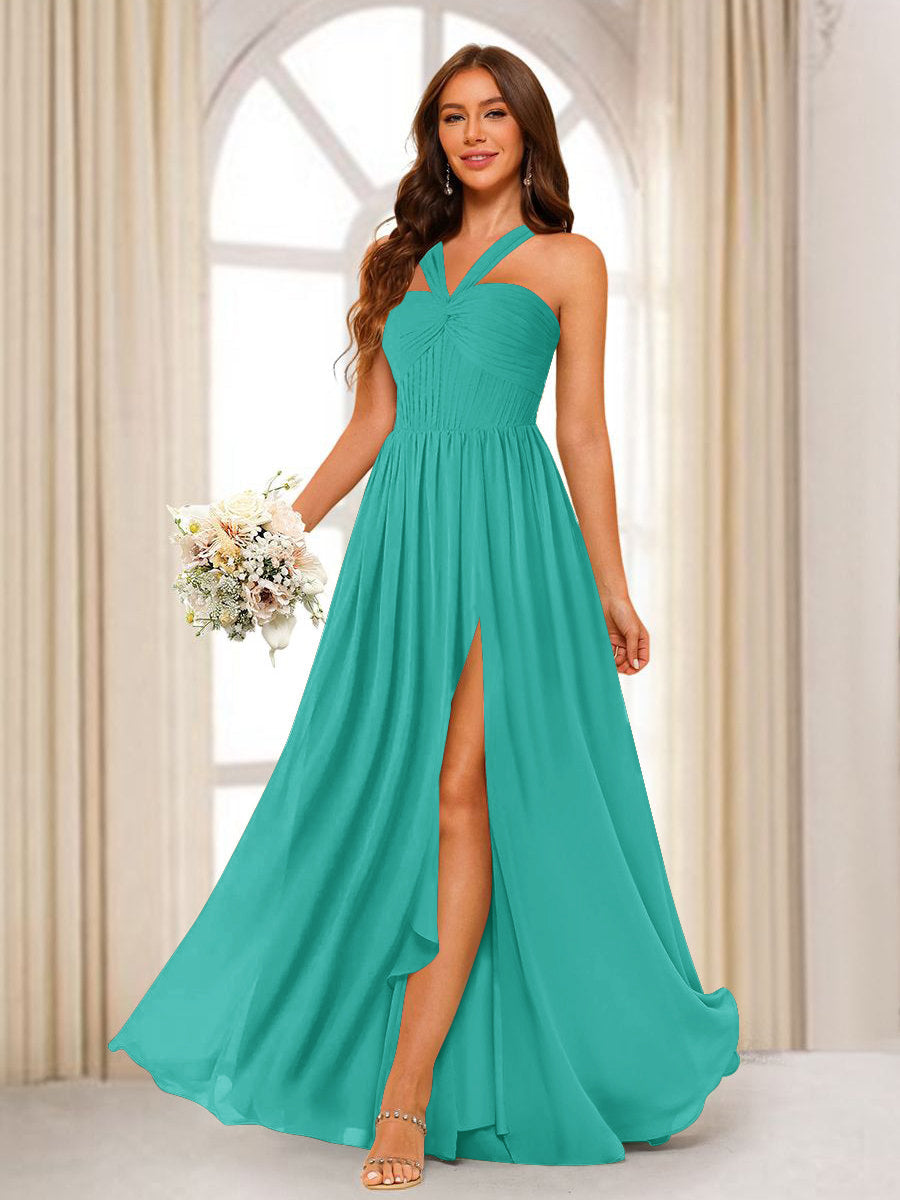 A-Line/Princess Halter Long Bridesmaid Dresses with Split Side Turquoise