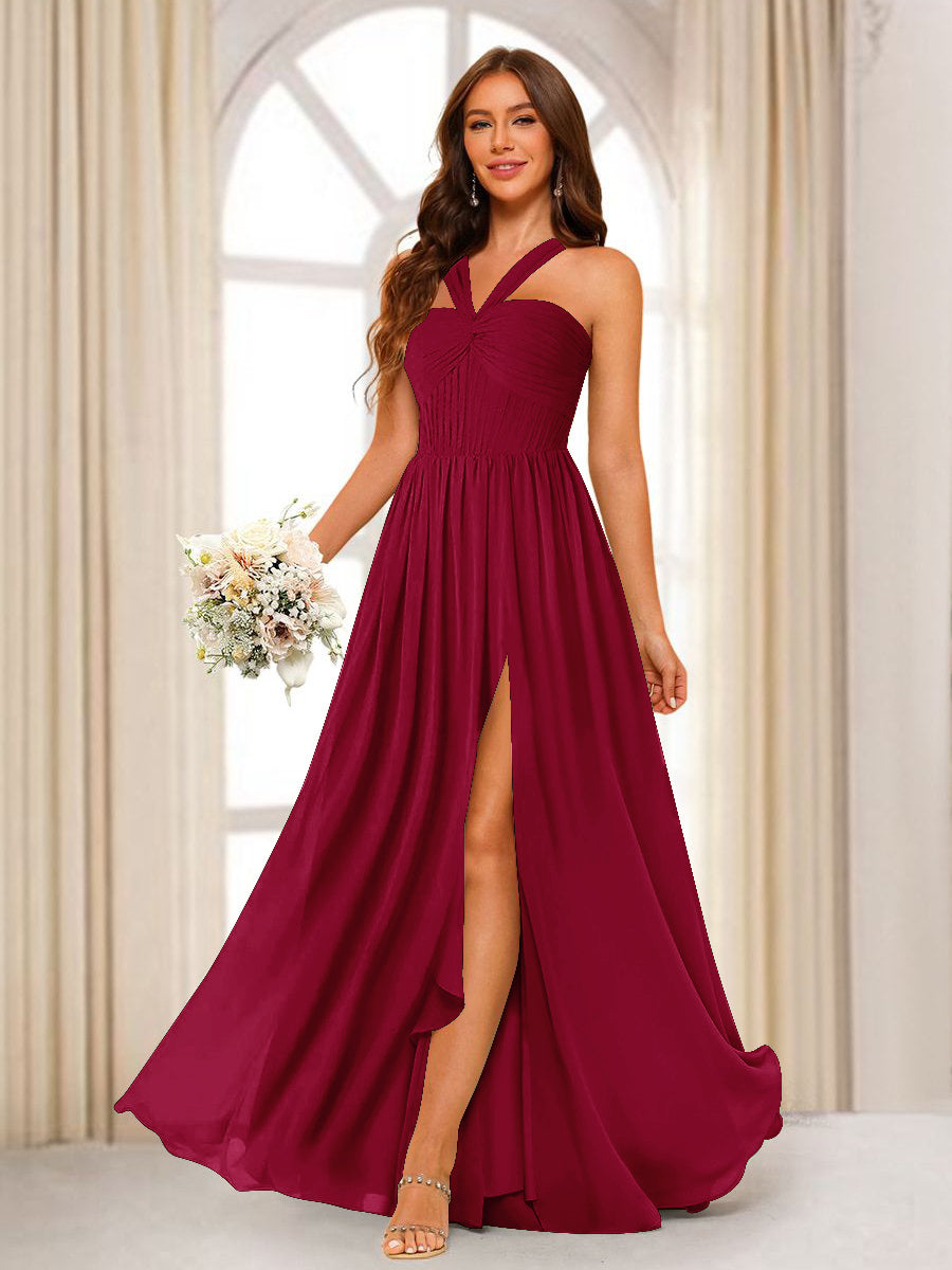 A-Line/Princess Halter Long Bridesmaid Dresses with Split Side Wine Red
