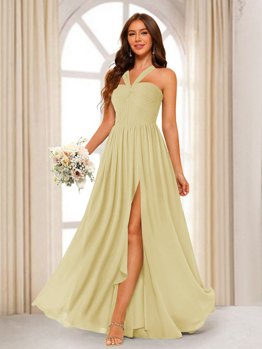 A-Line/Princess Halter Long Bridesmaid Dresses with Split Side Yellow