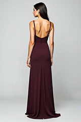 Cabernet Satin Backless Deep V-Neck Long Formal Dress
