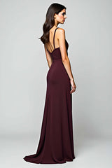 Cabernet Satin Backless Deep V-Neck Long Formal Dress