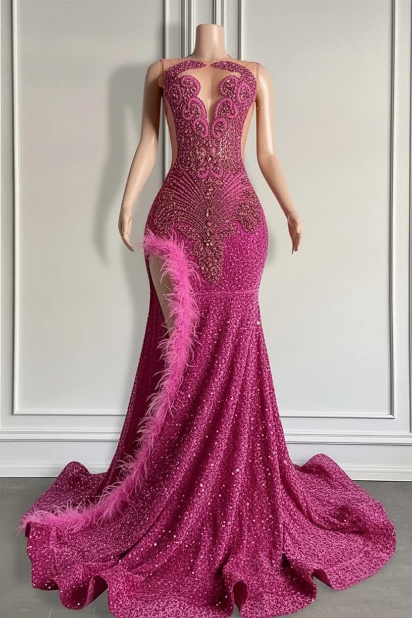 Mermaid Orange Sequined Formal Dress Lace Sleeveless Prom Dress with Feathers