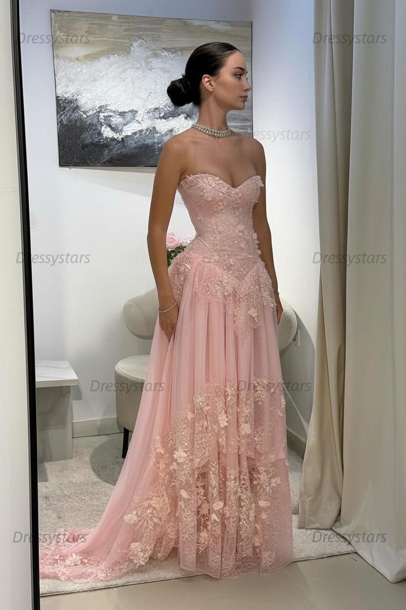 Yellow Lace A Line Prom Dress Sweetheart Lace Appliqued Formal Dress with 3D Flowers
