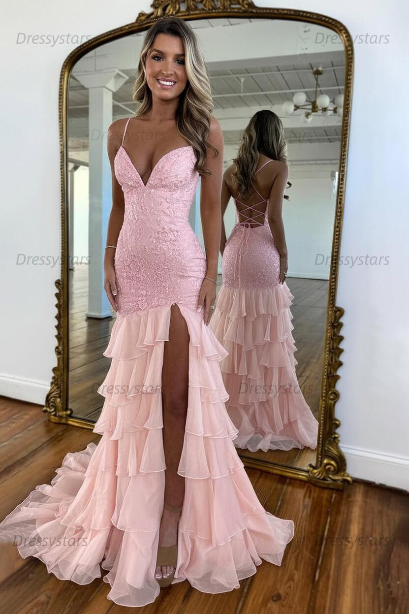 Dressystars Yellow Mermaid Spaghetti Straps Lace Up Long Prom Dress With Ruffle Skirt Formal Evening Gown